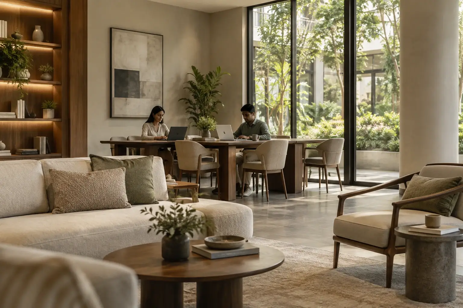 Two residents working at a shared table in a calm co-working lounge.