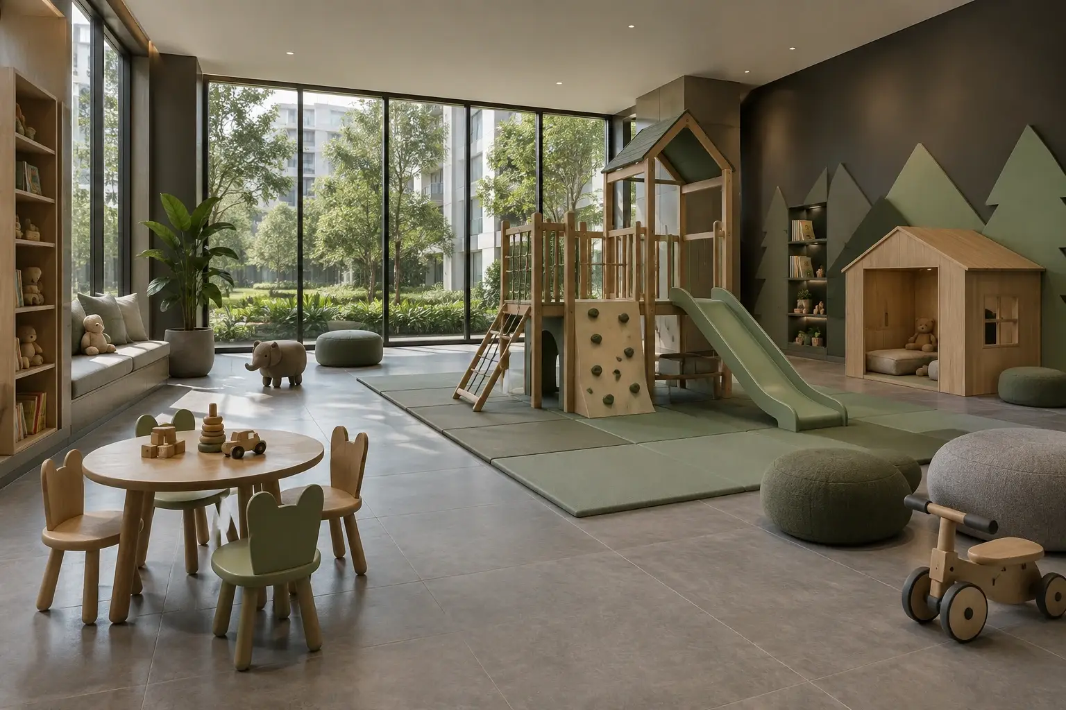 An indoor play area with a timber climbing house, slide and small tables.