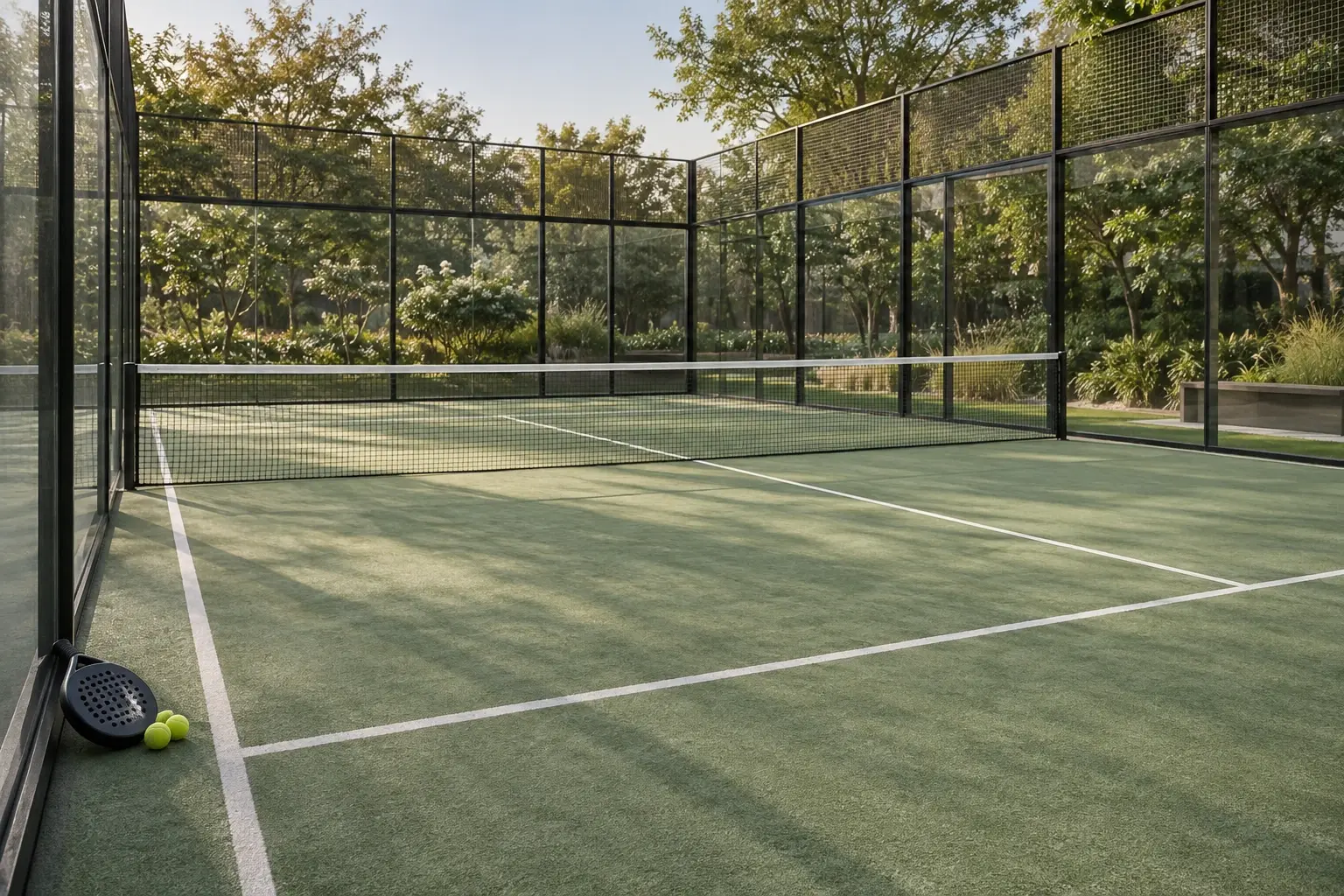 A glass-walled padel court with a racquet and balls on the green surface.