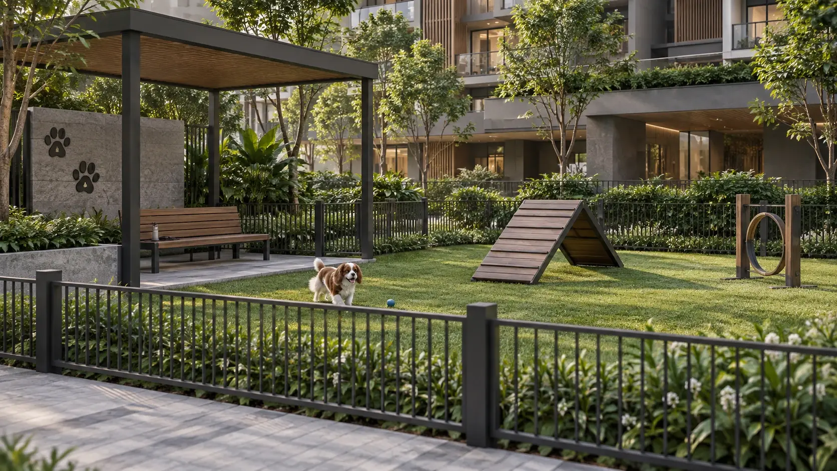 A fenced pets’ park with a lawn, a dog agility ramp and a shaded bench.
