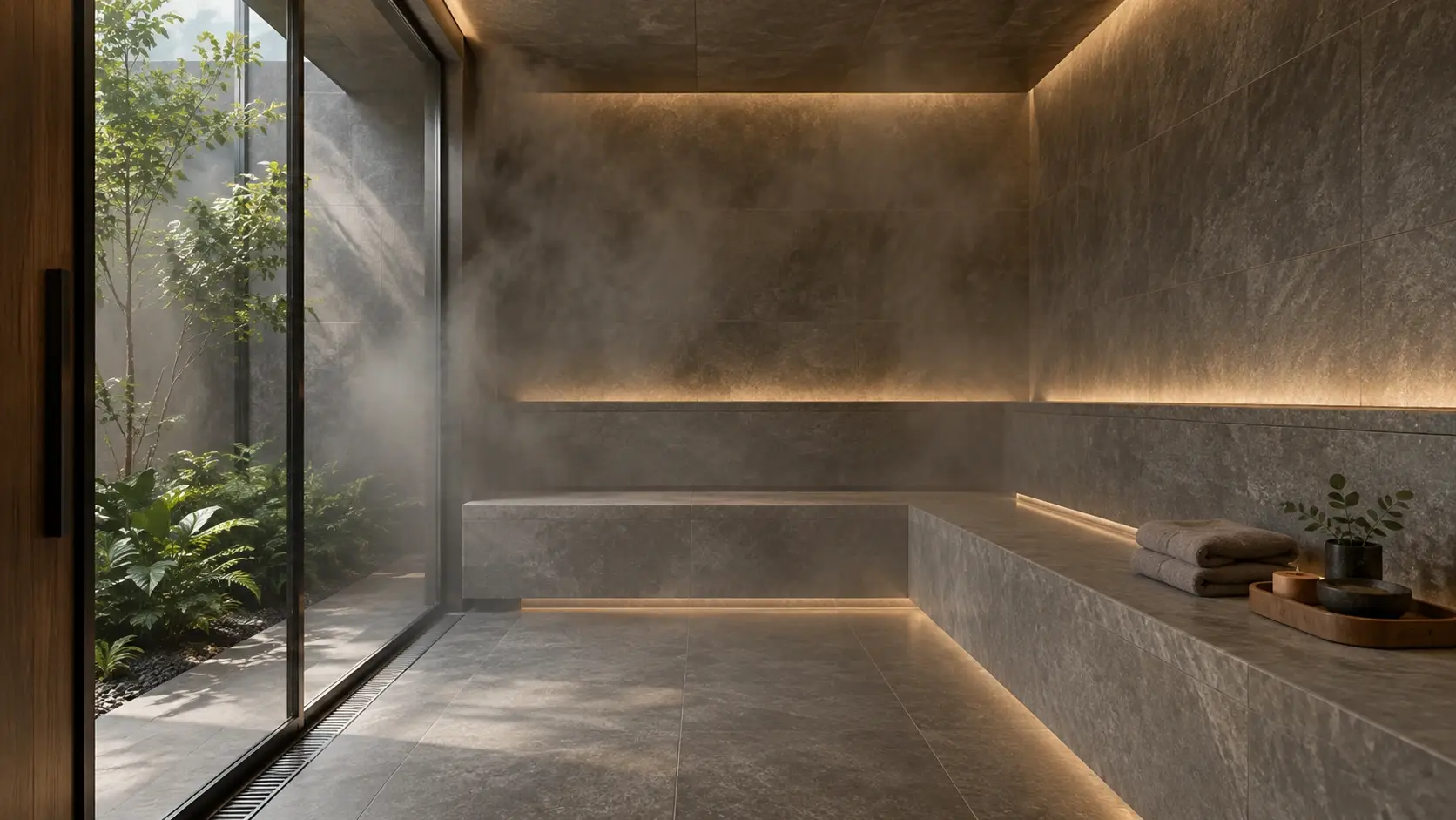 A stone-lined steam room with a lit bench and a planted glass wall.