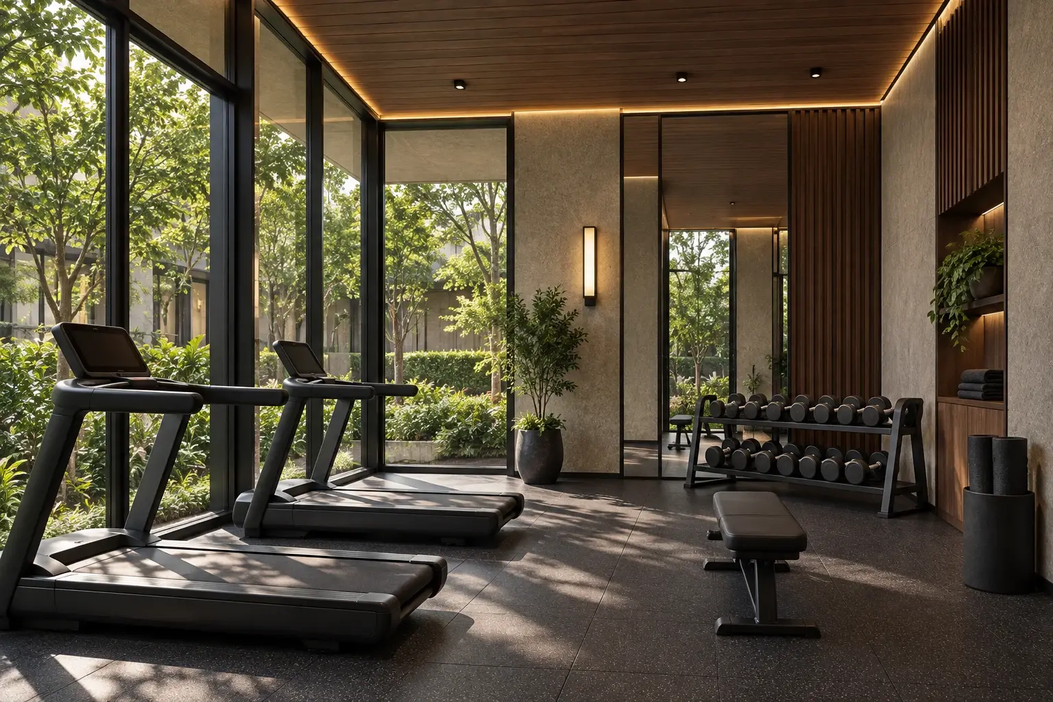 A gym with treadmills and free weights facing tall windows onto planting.