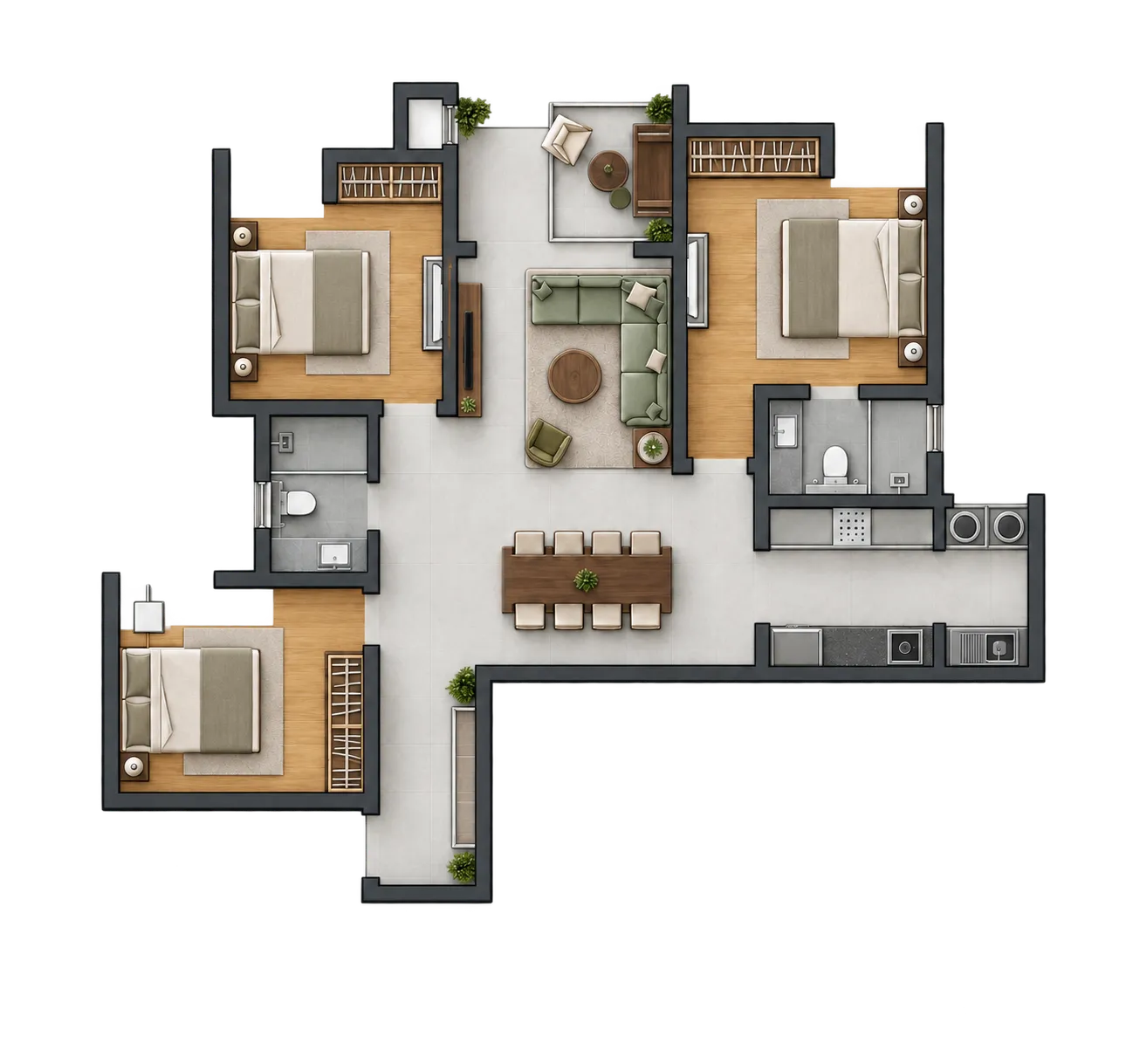 Floor plan of the Type 10 3 BHK middle unit: foyer, living, dining, kitchen with utility, three bedrooms, two toilets and a balcony.