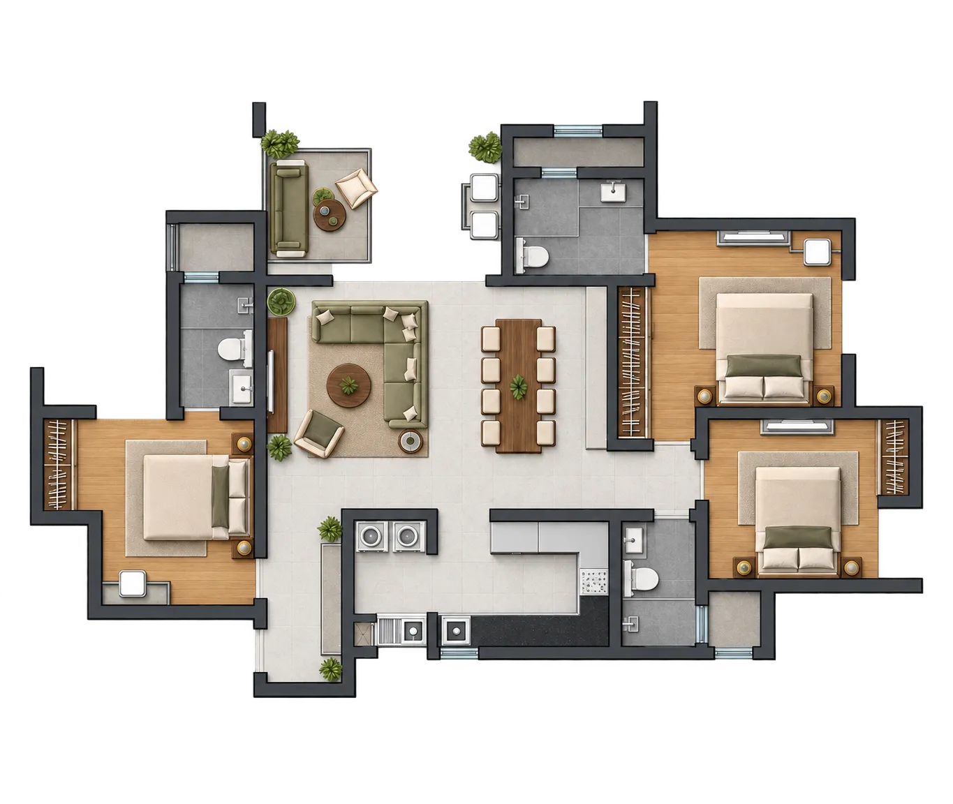 Floor plan of the Type 12 3 BHK corner unit: foyer, a wide living and dining room, kitchen with utility, three bedrooms and a large terrace balcony.