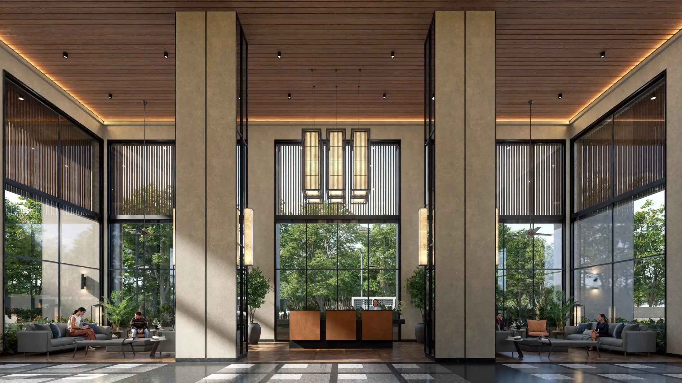 The triple-height lobby: timber ceilings, tall glazing on both sides and lounge seating under pendant lights.