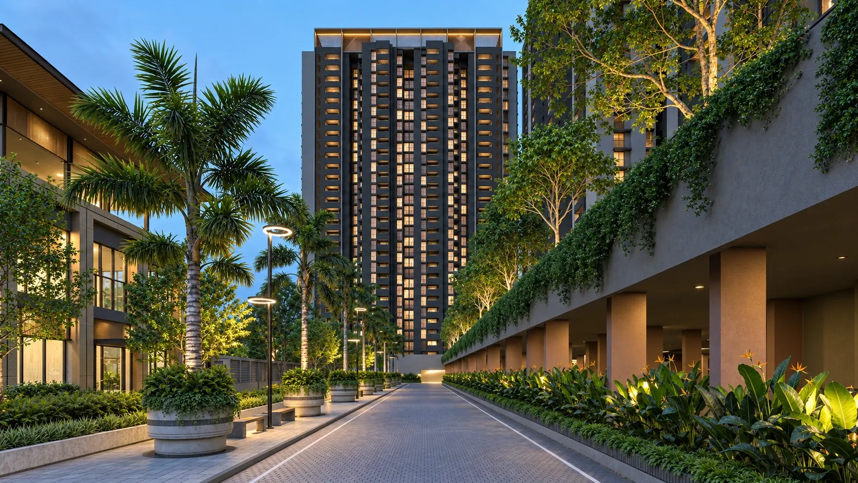 Codename Summit at dusk: a palm-lined boulevard leads to a lit tower, with planted terraces cascading along the podium.