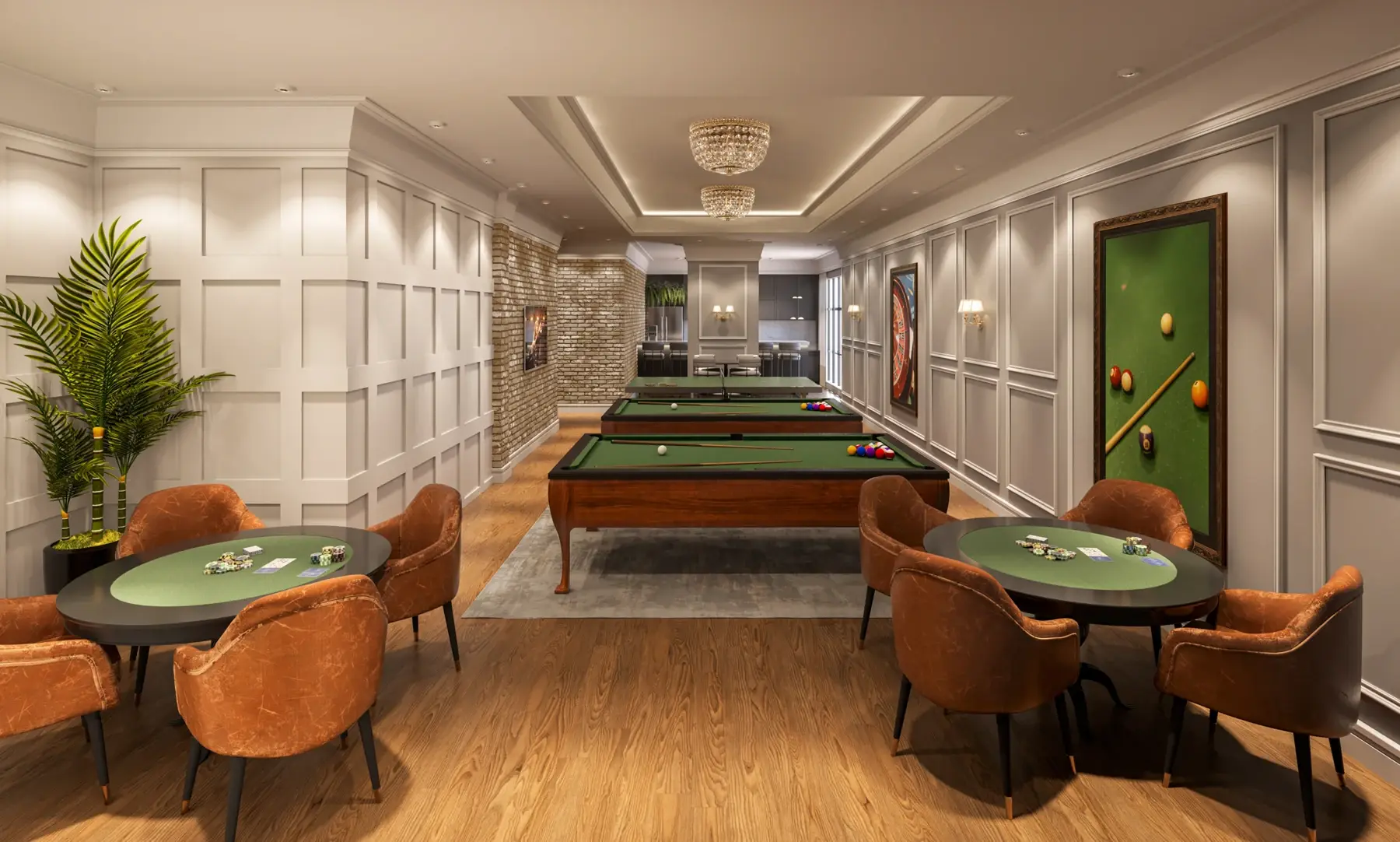 A panelled games lounge with billiards tables and card tables.