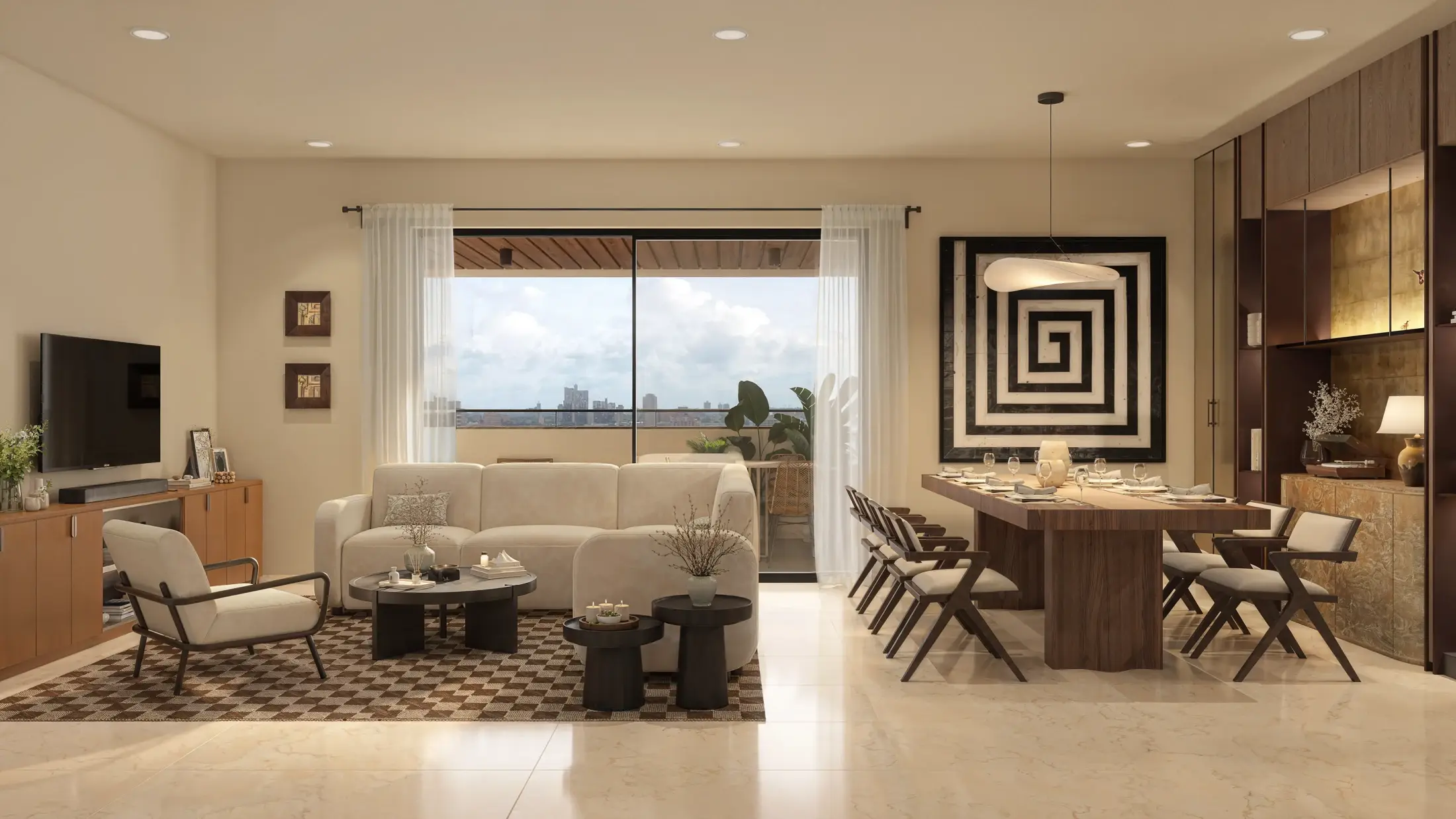 A bright living and dining room with a pale sofa, a timber dining table and a wide window.