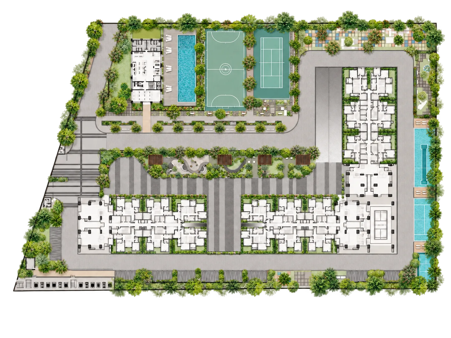 The Codename Summit master plan: three towers around a central courtyard, the clubhouse, pool and courts to the north, and planting around the boundary.